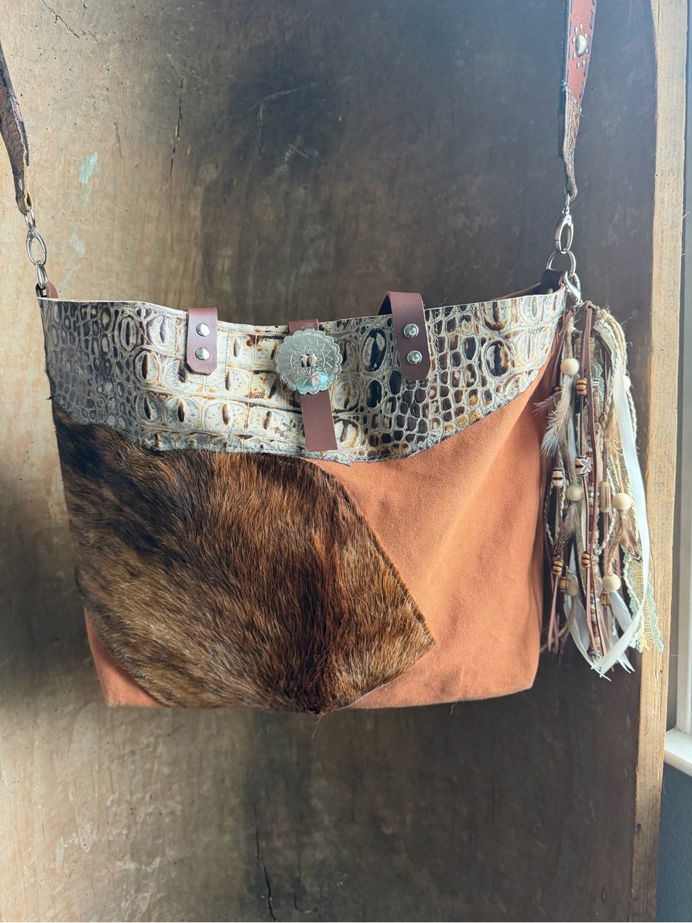 Boho Patchwork Shoulder Bag - Rust Brown - Picture 3 of 6